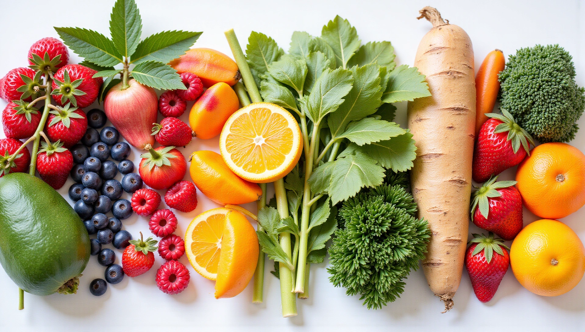 Vibrant assortment of fresh fruits and vegetables, healthy food arrangement