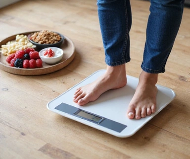 Person weighing themselves on a scale with a smile